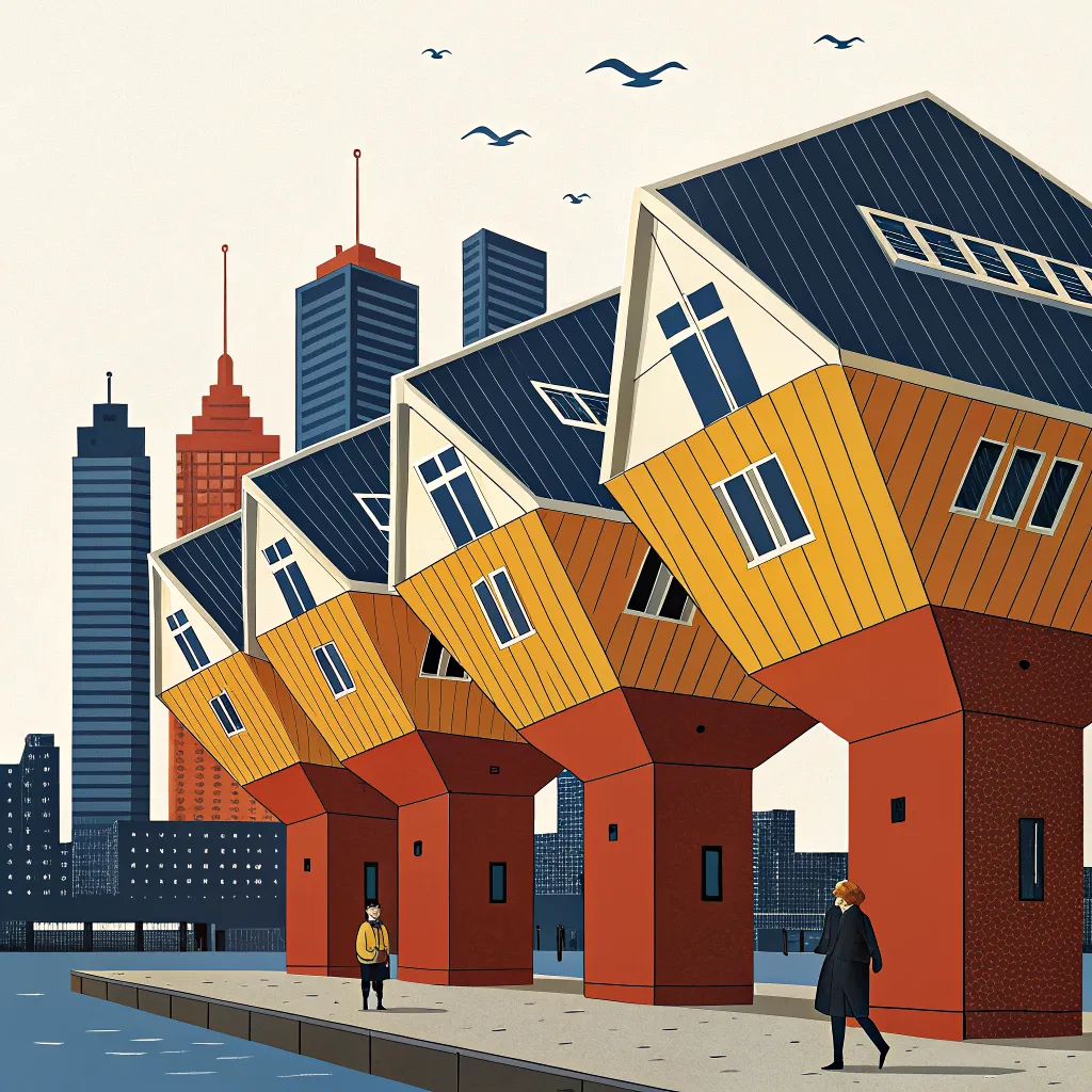 Illustration of the tilted yellow cube houses against the skyline