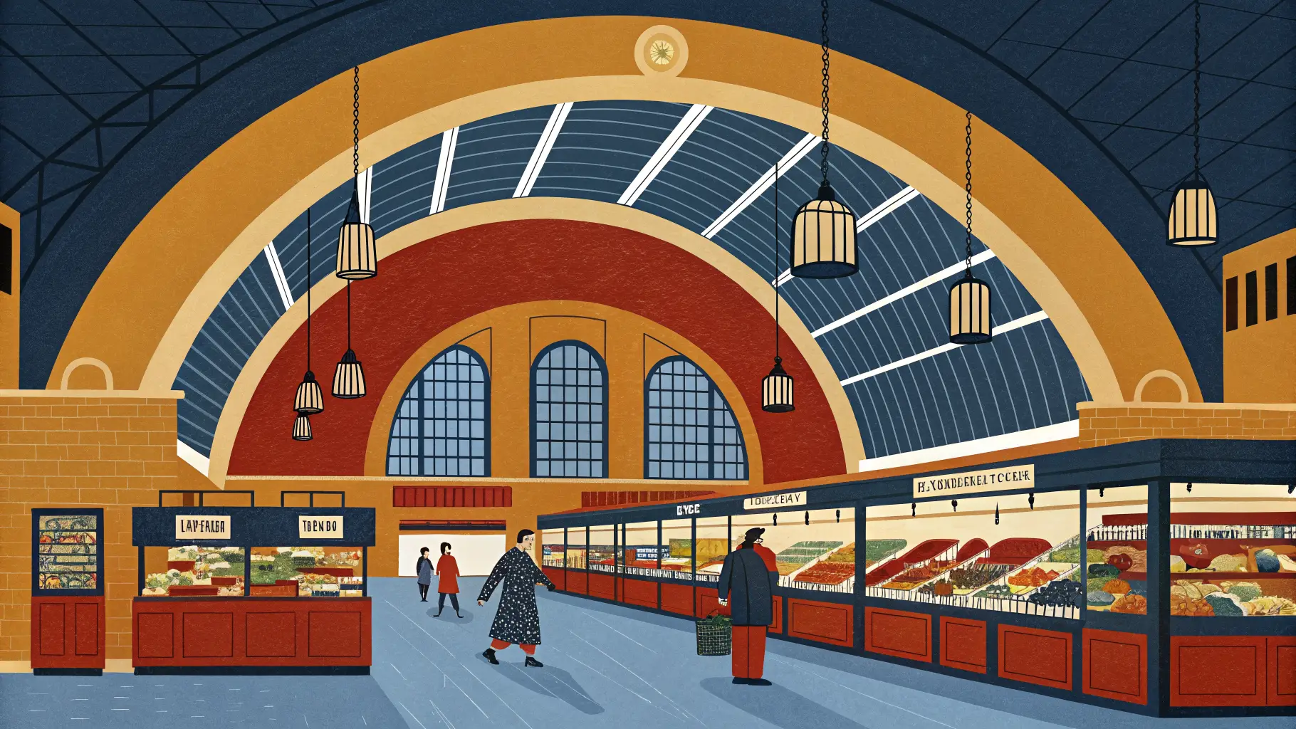 Illustration of the Markthal arch curving over busy food stalls