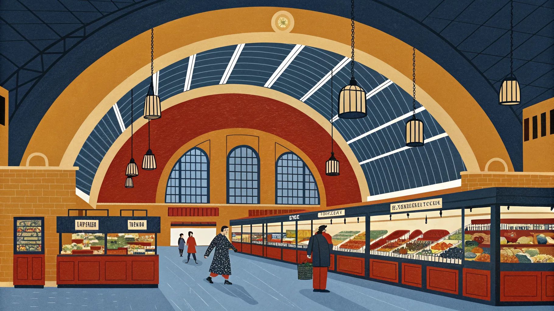 Illustration of the Markthal arch curving over busy food stalls
