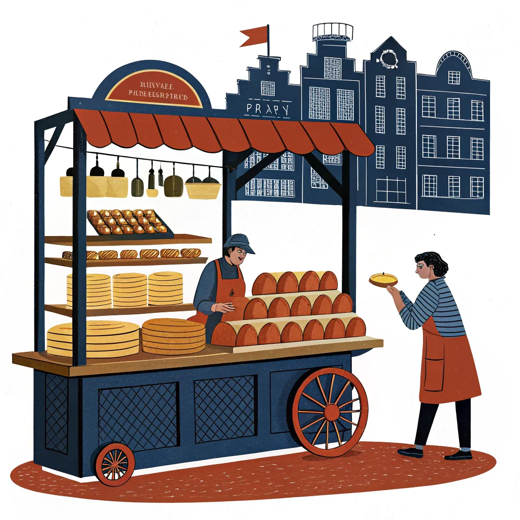Illustration of a Dutch market stall stacked with cheese wheels and stroopwafels