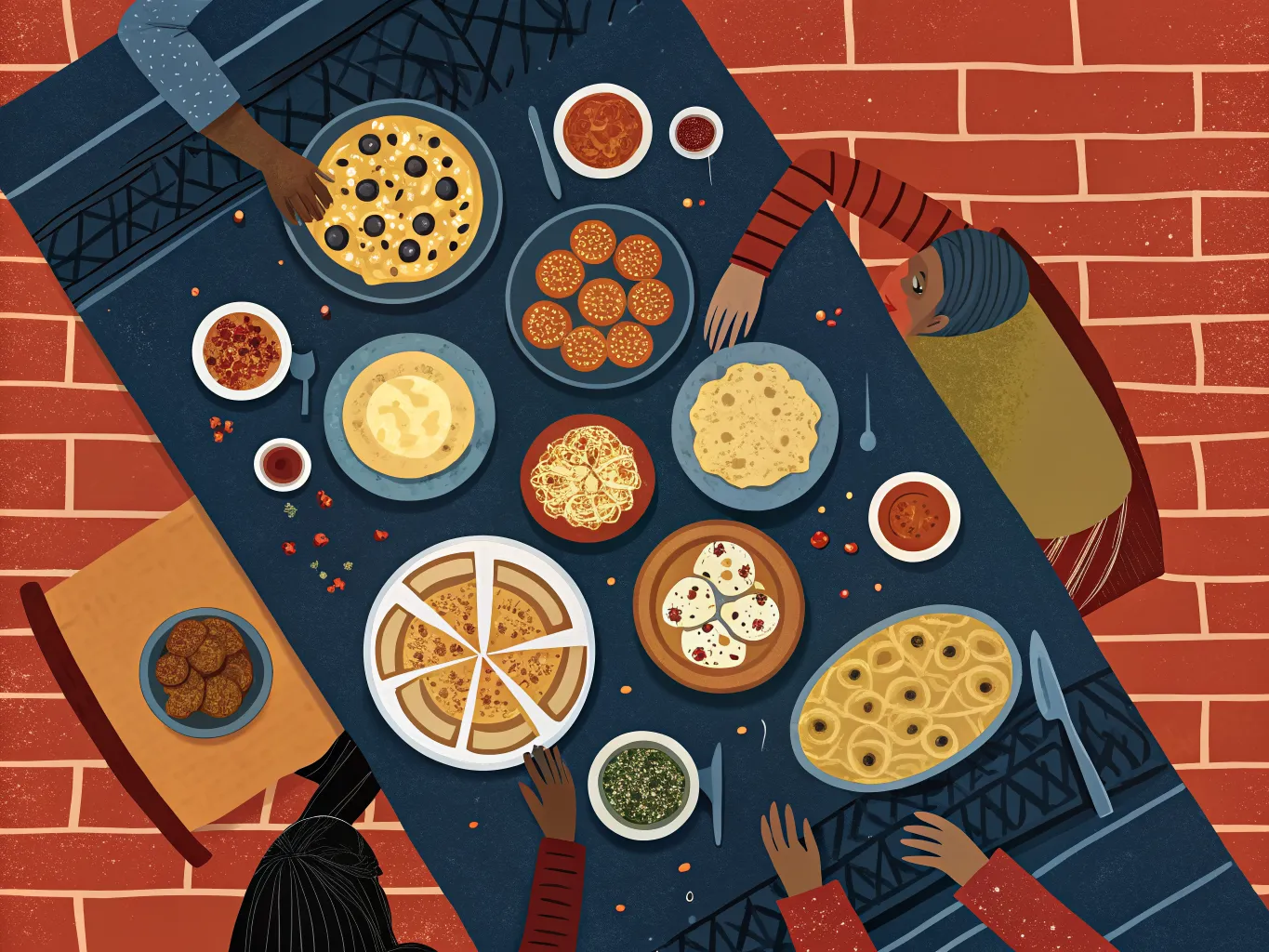 Illustration of a long shared table full of small plates from many cuisines