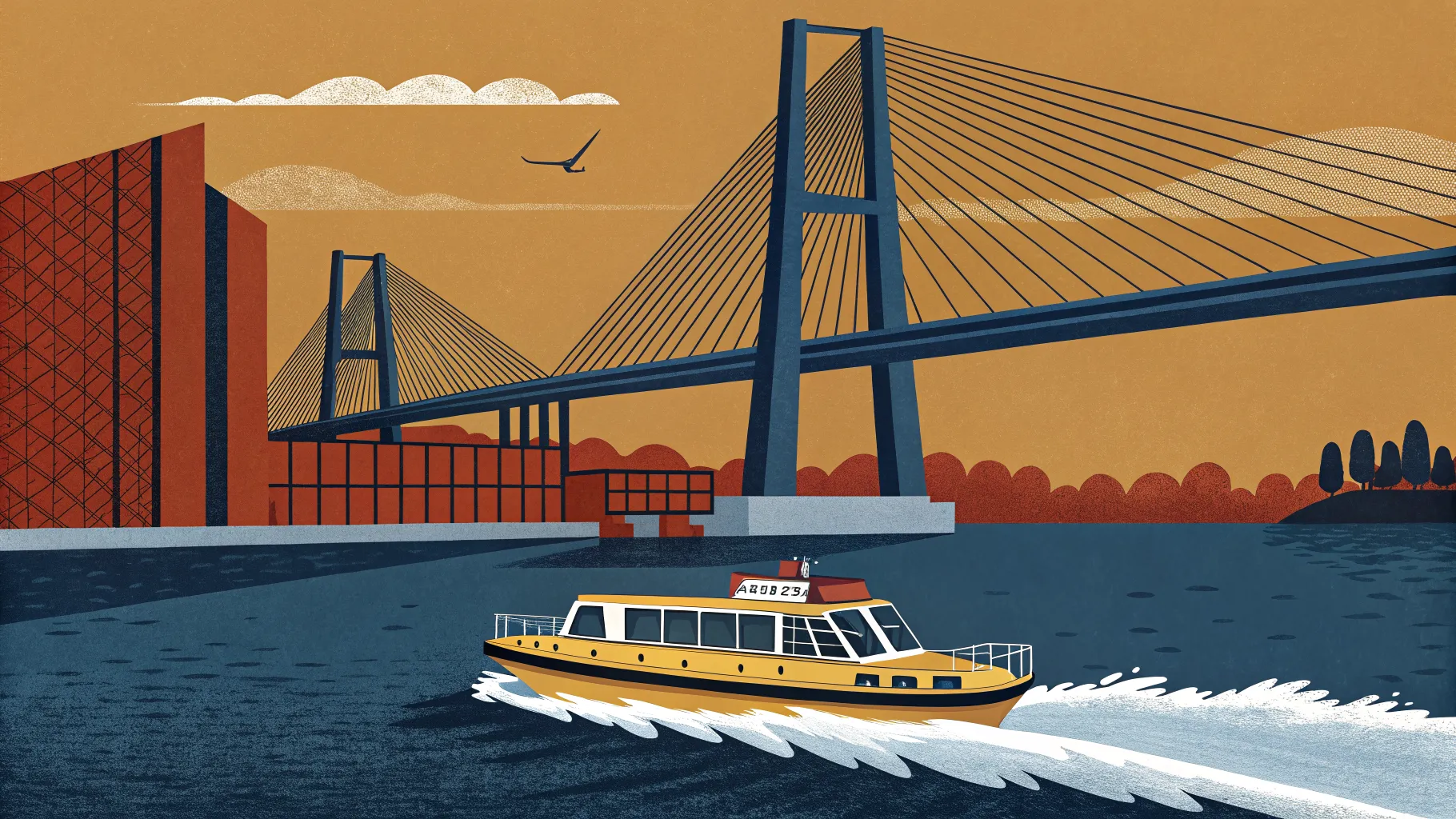Illustration of a yellow water taxi crossing the Maas under the bridge